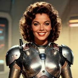 smiling woman wearing power armor, dark brown skin, curly hair, 1 9 5 0 s pulp sci - fi movie poster, retrofuturism, highly detailed, mgm studios, david klein, reynold brown