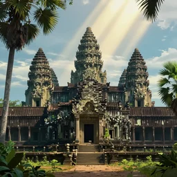 angkor wat style skyscraper temple in a clearing in the lush jungle, volumetric god rays, pixar, james jean, breath of the wild, cinematic, moebius