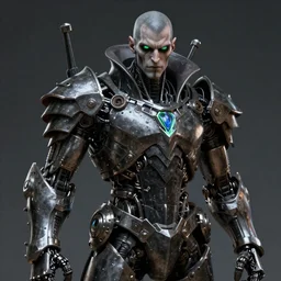 human goth groot ; adult male 3 0 years ; glowing green eyes ; scientist ; smug ; sharp face ; slender ; vampire ; wearing a high tech set of heavy metal armour ; robot ; trending on artstation ; high detail ; digital art