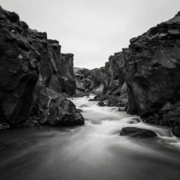 minimalist black and white photograph of an icelandic, canyons, time exposure, of a river, large sharp rocks,