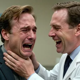 bryan cranston wailing and crying and also shouting at his doctor for smiling wildly at him in 8 k closeup detailed portraits surrealism hyperrealism funny meme by bryan christie 8 k