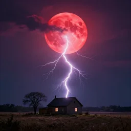 lightning strikes a house in a field, epic red moonlight, perfect lightning, illustration by niko delort, 4 k, ultra realistic