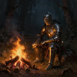 a digital painting of a knight, sitting by a campfire, matte painting, realistic, night time, dark forest, dark souls bonfire,