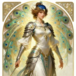 a female warrior in peacock armor, light effect, feminine, powerful, in clothes! intricate, elegant, highly detailed, digital painting, artstation, concept art, smooth, sharp focus, illustration, art by gaston bussiere and alphonse mucha