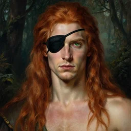 sexy elven man with long red hair and green eyes wearing eye patch over one eye in dusky forest by edgar maxence and caravaggio and michael whelan and delacroix style, artistic, intricate drawing, light brazen, realistic fantasy, extremely detailed and beautiful aesthetic face, 8 k resolution, dramatic lighting