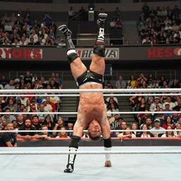 pro wrestler Jeremy The Egg Shelson perform his signature top rope move in the ring, big arena thousands of fans in background, short depth of focus painted by Carravagio