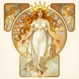 the goddess of the sun, white dress, wavy hair, bare feet, full body shot, Dan Mumford, Peter Mohrbacher, Alfons Mucha, antasy character, detailed illustration, hd, 4k, digital art, overdetailed art, concept art, trending on artstation