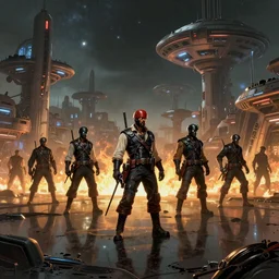 detailed ultra - realistic graphic novel illustration of patrolling space pirates, reflections, fire, space, desolated colony district, space station, by famous digital artists, cinematic, full shot, sci - fi