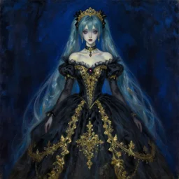 A very soft and dark haunting oil painting of Hatsune Miku in a black golden ornate wedding dress, deep blue background, by Oskar Kokoschka, ethereal, evil presence, haunted painting