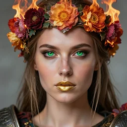 extremely close up front portrait of a beautiful viking cyborg warrior woman on fire, green eyes, gold lips, entwined in colourful lush flowers and fire, crown of fire, highly detailed, volumetric lighting, intricate time machine, decadent, highly detailed, octane render, concept art, smooth, sharp focus, hyper - realistic