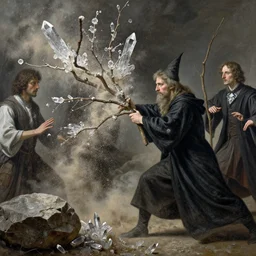 highly detailed photography of a wizard fighting with branches, crystals, dust particles, big rocks, sharp focus, dramatic scene, aesthetic, dynamic lighting, elegant, harmony, masterpiece, by jenny saville, by ben aronson, by james jean, by roberto ferri, by jeremy mann, by lucian freud, by kent williams, high quality