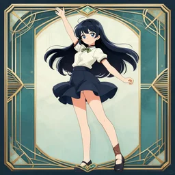 ( ( dither ) ), editorial illustration of a cute anime girl striking a pose, dynamic pose, modern art deco, colorful, ( ( mads berg ) ), christopher balaskas, victo ngai, rich grainy texture, detailed, dynamic composition, wide angle, moebius