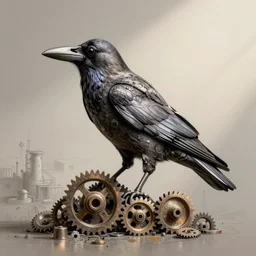 industrial drawing of a crow made of engrenage, photo realism