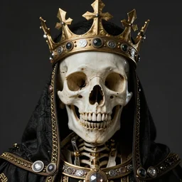 realistic portrait of a king of bones, dark, gold, silver ornaments, facing camera, photo realistic, detailed, 1 4 5 0, delicate, hyper realism, ultra realistic, 8 k