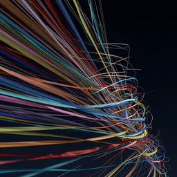 trillions of thin twisted ribbons of colorful fabric unravel chaotically in strong winds across a dark night sky, unreal engine