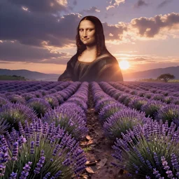 Lavender Fields in full bloom, Leonardo da Vinci painting, sunrise, beautiful scene