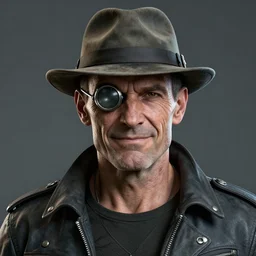 an intimate portrait of a gnarly human cyberpunk captain, old skin, faded fedora, charming, strong leader, metal eye piece, a look of cunning, big smile, detailed abstract surrealist sculpture, golden cityscape, lasers, sparks, yellow and blue and cyan