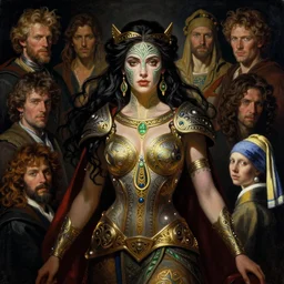 portrait painting of the beautiful posing celtic warrior queen with sexy neckline and with traditional celtic face painting, by gaston bussiere, katsuya terada, nc wyeth, greg rutkowski, craig mullins, vermeer, frank frazetta, mucha, tom of finland, trending on artstation, jeffery catherine jones. glowing, ornate and intricate, stunning, dynamic lighting, intricate and detailed.