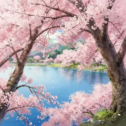 artwork, anime landscape by studio ghibli of sakura trees with a light blue lake, super detailed 8 k hd, trending in artstation, full color, low contrast, intricate