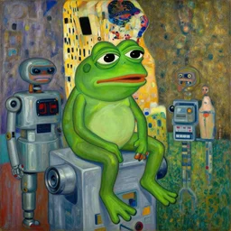 a painting of sad pepe the frogs sitting on robots by graham sutherland, egon schiele!, gustav klimt, expressionism