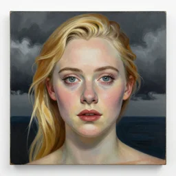 professional painting of Elle Fanning in the style Agnes Lawrence Pelton, head and shoulders portrait, symmetrical facial features, smooth, sharp focus, illustration, intricate, stormy weather, extremely detailed masterpiece,