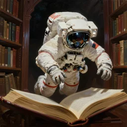 close - up canon shot space astronaut fly inside big book old library, highly detailed fantasy science fiction painting by jeremy geddes. rich colors, high contrast.