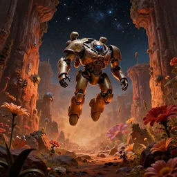 a large mech suit flying through a rocky forest valley, underneath a star filled night sky, harold newton, zdzislaw beksinski, donato giancola, warm coloured, gigantic pillars and flowers, maschinen krieger, beeple, star trek, star wars, film, atmospheric perspective