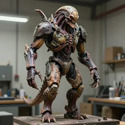 photo taken of an epic intricate, ultra detailed, super realistic gritty, hero prop, exquisitely weathered animatronic movie prop of a lifelike sculpture of a nightmarish creature displayed in the workshop, created by weta workshop, full body shot, photorealistic, sharp focus