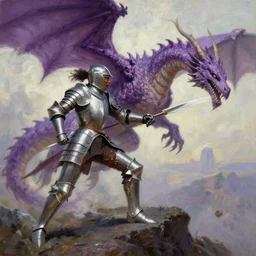 action scene of an african woman knight in armor fighting a purple dragon on a mountaintop, oil painting