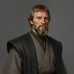 portrait of a man by Greg Rutkowski, an old Jedi, short hair in military style, beard, wise and cool appearance, gray and black robes, Star Wars Expanded Universe, he is about 60 years old, highly detailed portrait, digital painting, artstation, concept art, smooth, sharp foccus ilustration, Artstation HQ