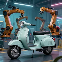 a detailed illustration of vintage vespa scooter surrounded by assembly line robots, side view, neon lighting, cyberpunk theme, by Stephan Martinière, 8K, blade runner lighting