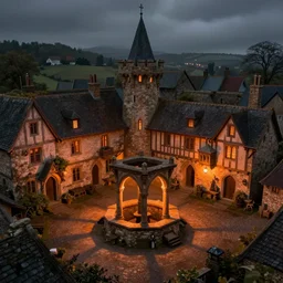 the square of a medieval english village with a well in the center, arches, orange light, highly detailed, cinematic lighting, render, fantasy