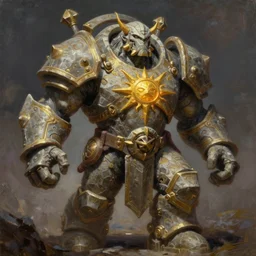 tall bulky warforged made from stone with a sun symbol engraved on the center of the chest, that looks like karn from magic the gathering, juggernaut, full body portrait, protective stance, dungeons and dragons, fantasy, full body portrait, detailed, oil painting,