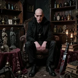 night portrait f / 1. 4 of a neurotic forty two year old british man thin features vampire feeling confidant in a cluttered dark room full of ancient artifacts ( ( ( bald ) ) ) tables shelves vials dark dusty statues runes magical arcane tools graffiti candlesticks drapery ritual bloody knife books atmospheric hdr