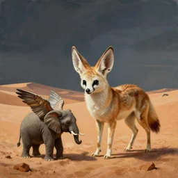 a detailed painting of a fennec in the dessert hunting a small elephant with wings by dali