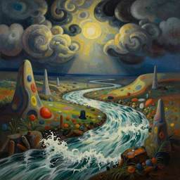 Psychedelic sci-fi dreamworld. Landscape painting. Organic. Winding rushing water. Waves. Clouds. Cecily Brown. Paul Klee.