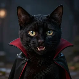 a vampire cat dark cute, artstation, digital photo - realistic painting, vampire's teeth at night