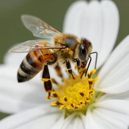 a macro photograph of a bee covered in pollen, suckling inside of a flower center, award winning photography, national geographic, nature magazine