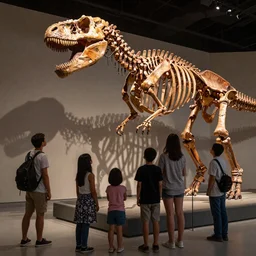 a family of humanoid dinosaurs looking at a giant human skeleton in a museum