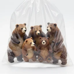 macro shot photograph of tiny realistic looking bears inside of a plastic food bag, 4 k, highly detailed