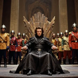 Jodorowsky's Dune movie, Marlon Brando as Baron Harkonen, cinema still, photo realistic, throne room with guards, in focus faces, colorful uniforms, wide angle, 8k, cinestill 400t film