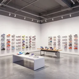 hyperdetailed 4 k octane lumion corona. large nike boutique flagship retail. white walls. polished concrete floor. display tables with colorful shoes and varied clothes. bright digital screens on walls. low ceilings with downlights and spots. white corian and oak furniture. plants. muted colors.
