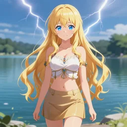 a very beautiful anime cute girl, full body, long wavy blond hair, sky blue eyes, full round face, short smile, fancy top, miniskirt, front view, summer lake setting, cinematic lightning, medium shot, mid-shot, highly detailed, trending on Artstation, Unreal Engine 4k, cinematic wallpaper by Stanley Artgerm Lau, WLOP, Rossdraws, James Jean, Andrei Riabovitchev, Marc Simonetti, and Sakimichan
