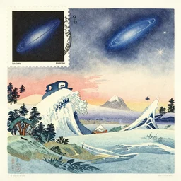 vintage cinematic landscape watercolor by mary cicely barker, vintage 1 9 8 6 halleys comet stamp by mary blair, japanese woodblock, the magic tsunami by makoto kobayashi