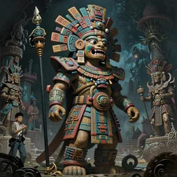 breathtaking detailed concept art painting of the aztec goddness Mictlantecuhtli, god of Mictlan, underworld in the background, by Hsiao-Ron Cheng, James jean, Miho Hirano, Hayao Miyazaki, extremely moody lighting, 8K