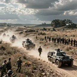a colorised photo of world war second operation barbarossa, german battalion troops and armoured vehicles moving