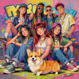 beautiful painting illustration of hiphop solarpunk summertime teen chilling with corgi, by jeff lemire, hethe srodawa, james stokoe, jesper ejsing, jeremy lipking, laurie greasley. trending on artstation, 8 k, masterpiece, graffiti paint, fine detail, full of color, intricate detail, golden ratio illustration, face enhance