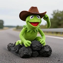 kermit in a cowboy hat rolling coal on the highway