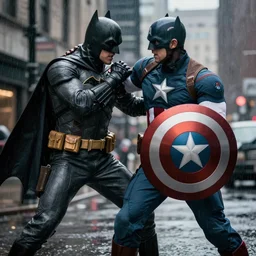 a mid shot of batman fighting captain america in hand to hand combat, realistic, raining