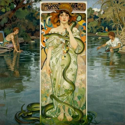 hyperrealist portrait in a river, bengali, snakes, full body green water algae by alphonse mucha and lucian freud and bouguereau, very detailed faces
